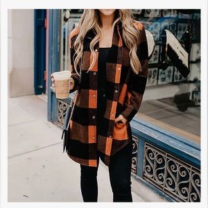 Women's Flannel Plaid Lapel Button Down Long Shirt Coat Tartan Shacket Jacket